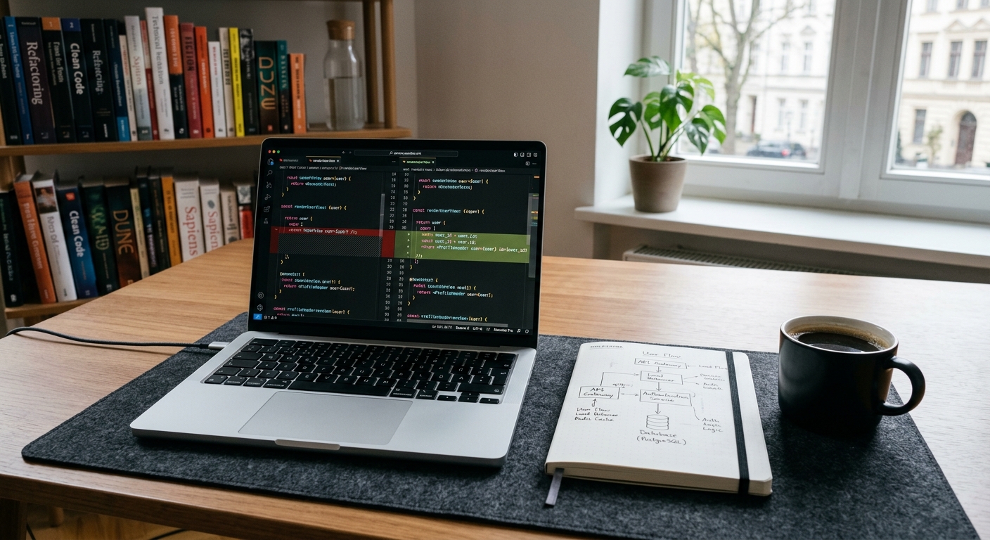 Laptop showing side-by-side code diff with architectural diagrams