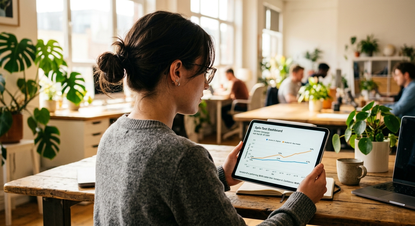 Marketer analyzing split test data on a tablet