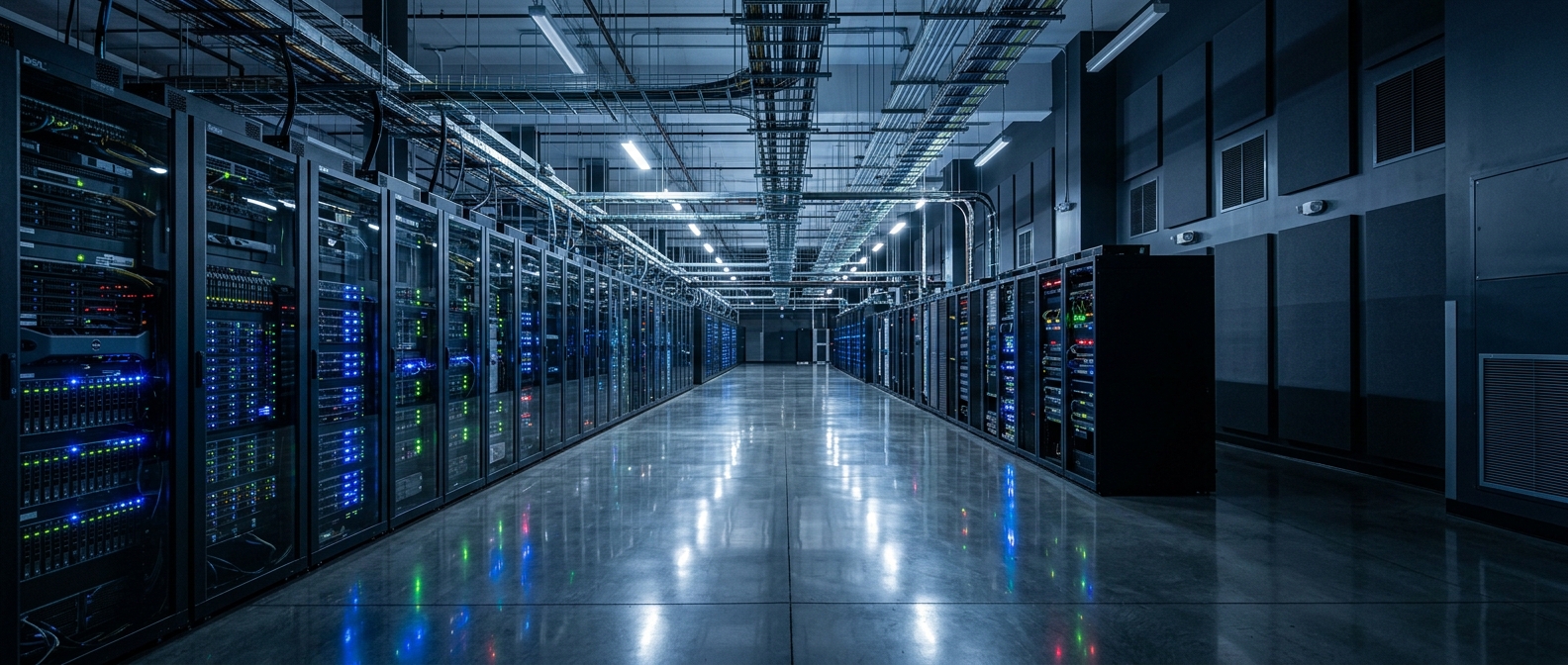 Modern server room with rows of glowing racks