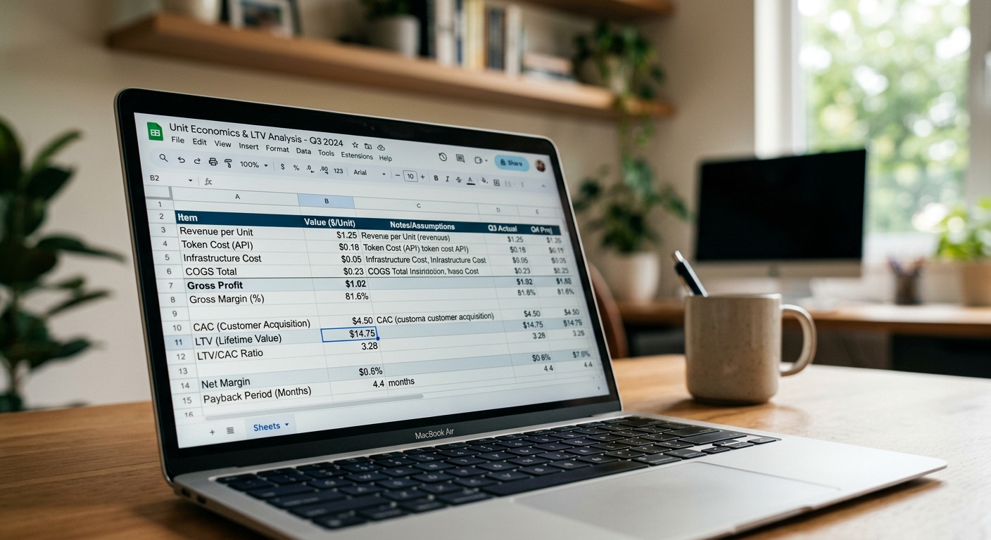 SaaS unit economics spreadsheet on a laptop screen