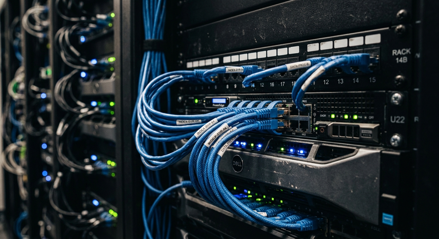 Server rack lights representing data processing and indexing