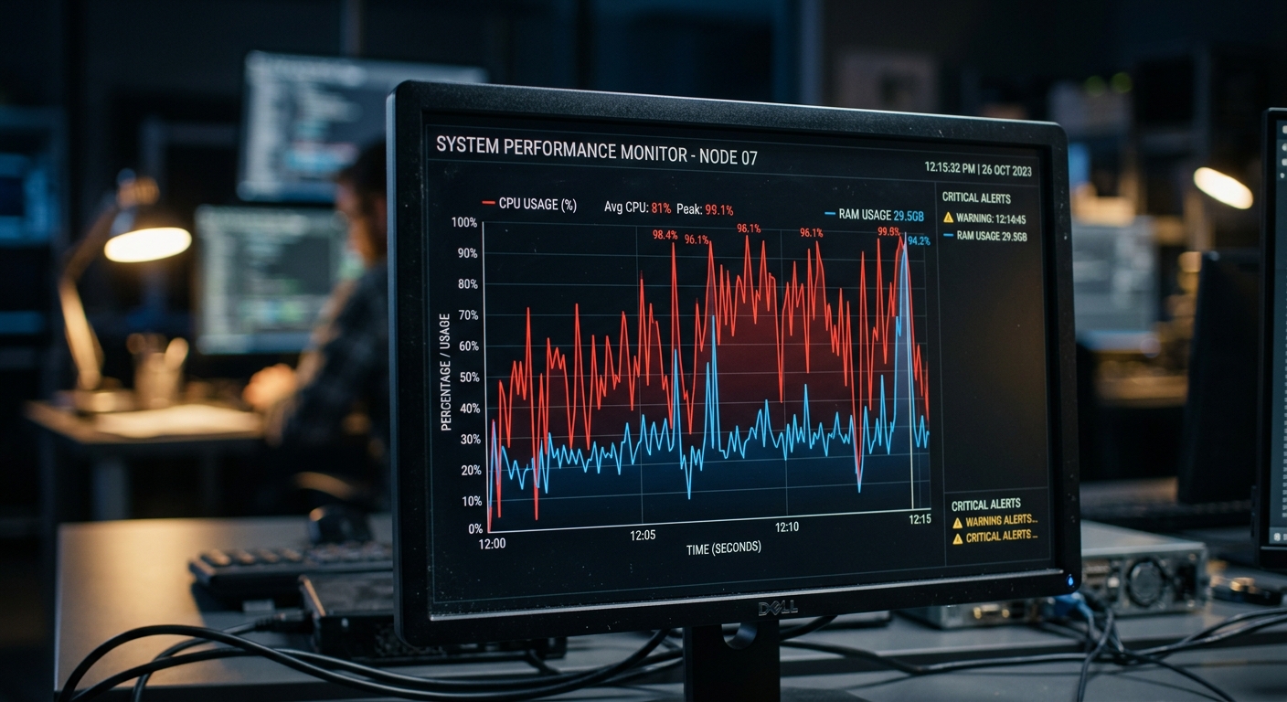 System monitor showing high CPU and RAM usage graphs