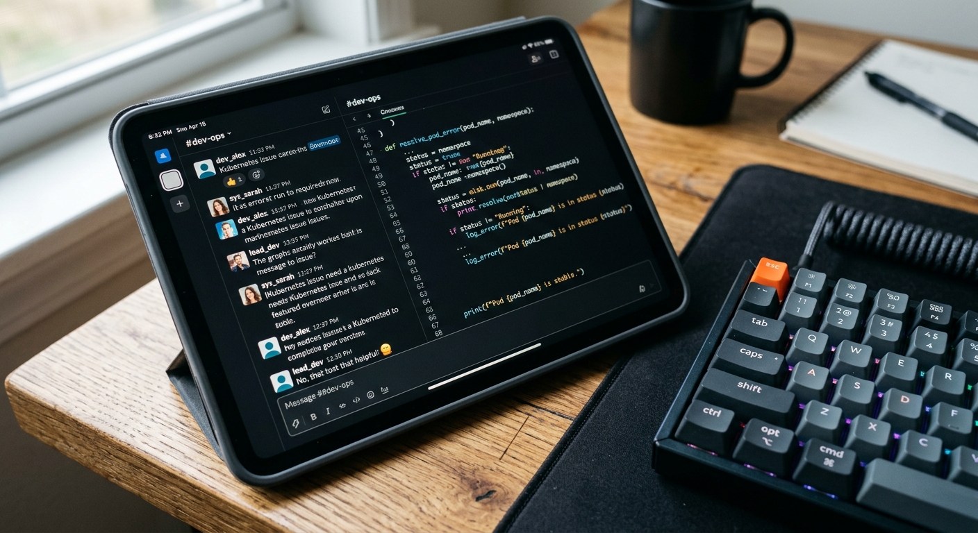 Tablet showing technical debugging chat.