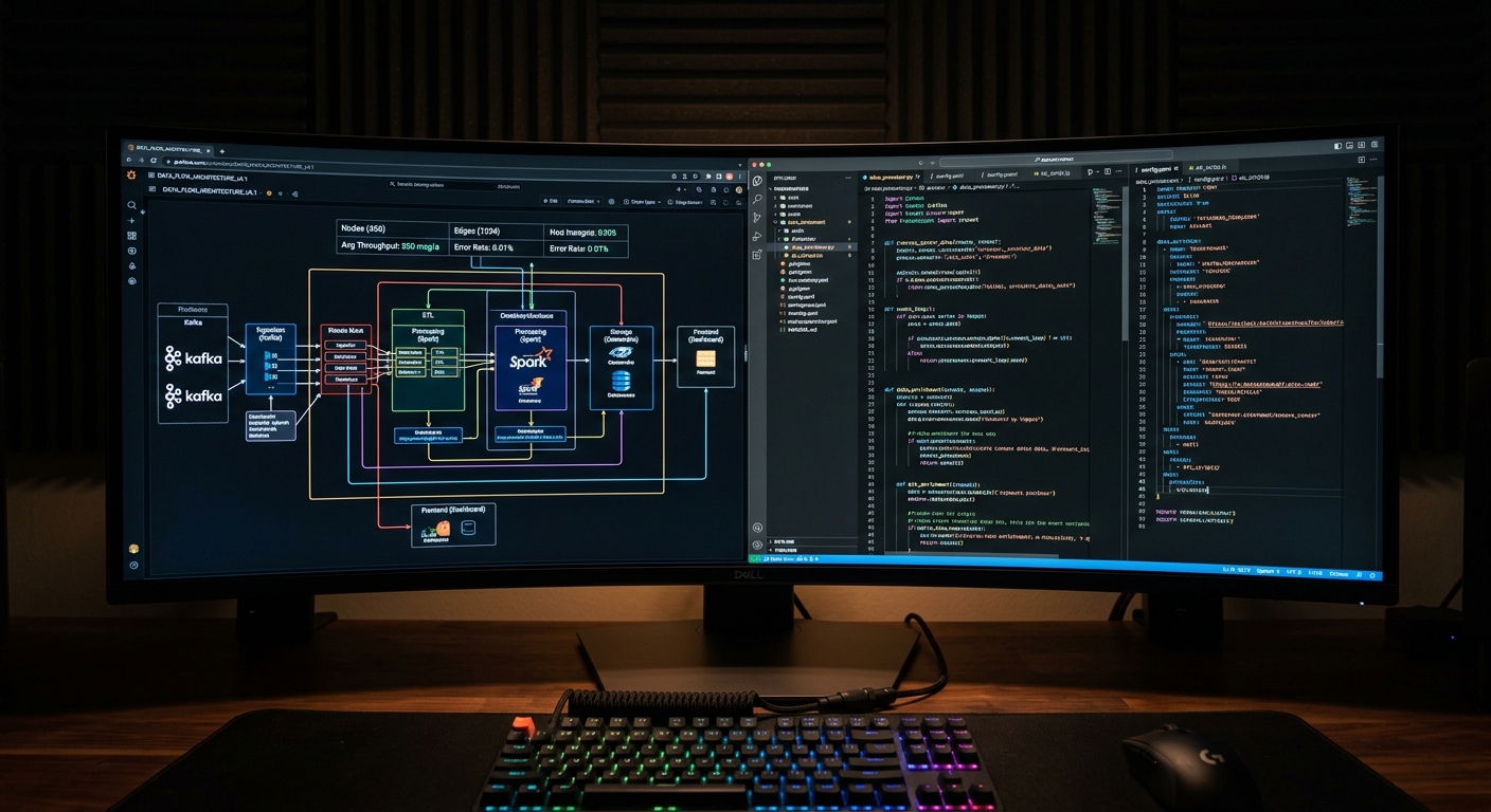 Technical data flow diagram on a monitor