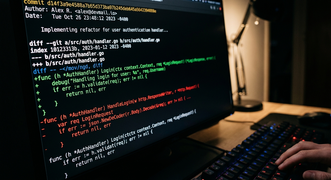Terminal screen showing a complex git diff