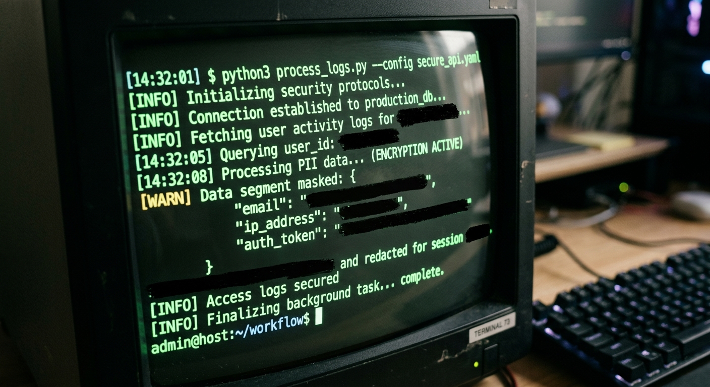 Terminal screen with redacted log data