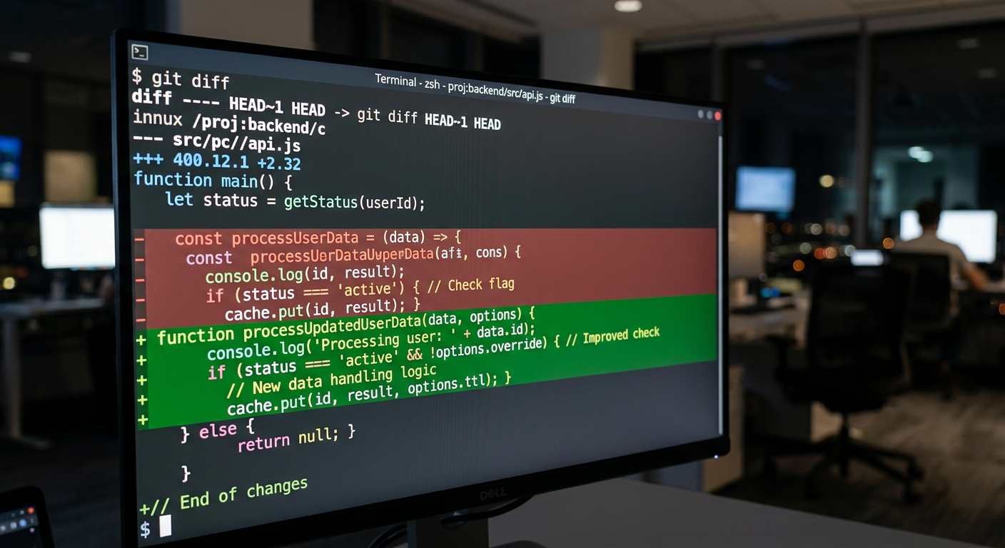 Terminal showing a git diff of complex code changes