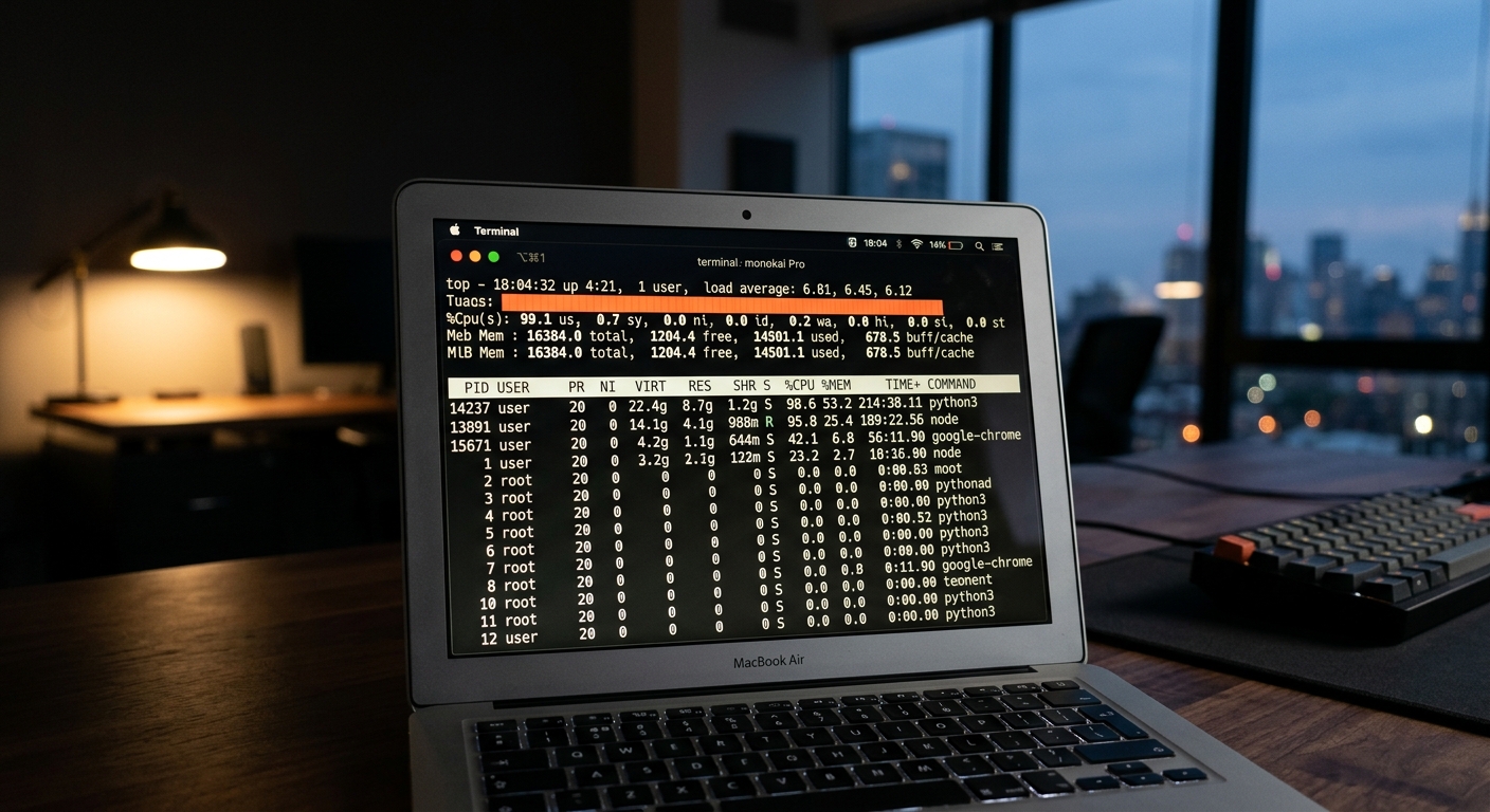 Terminal showing high CPU usage and system load.