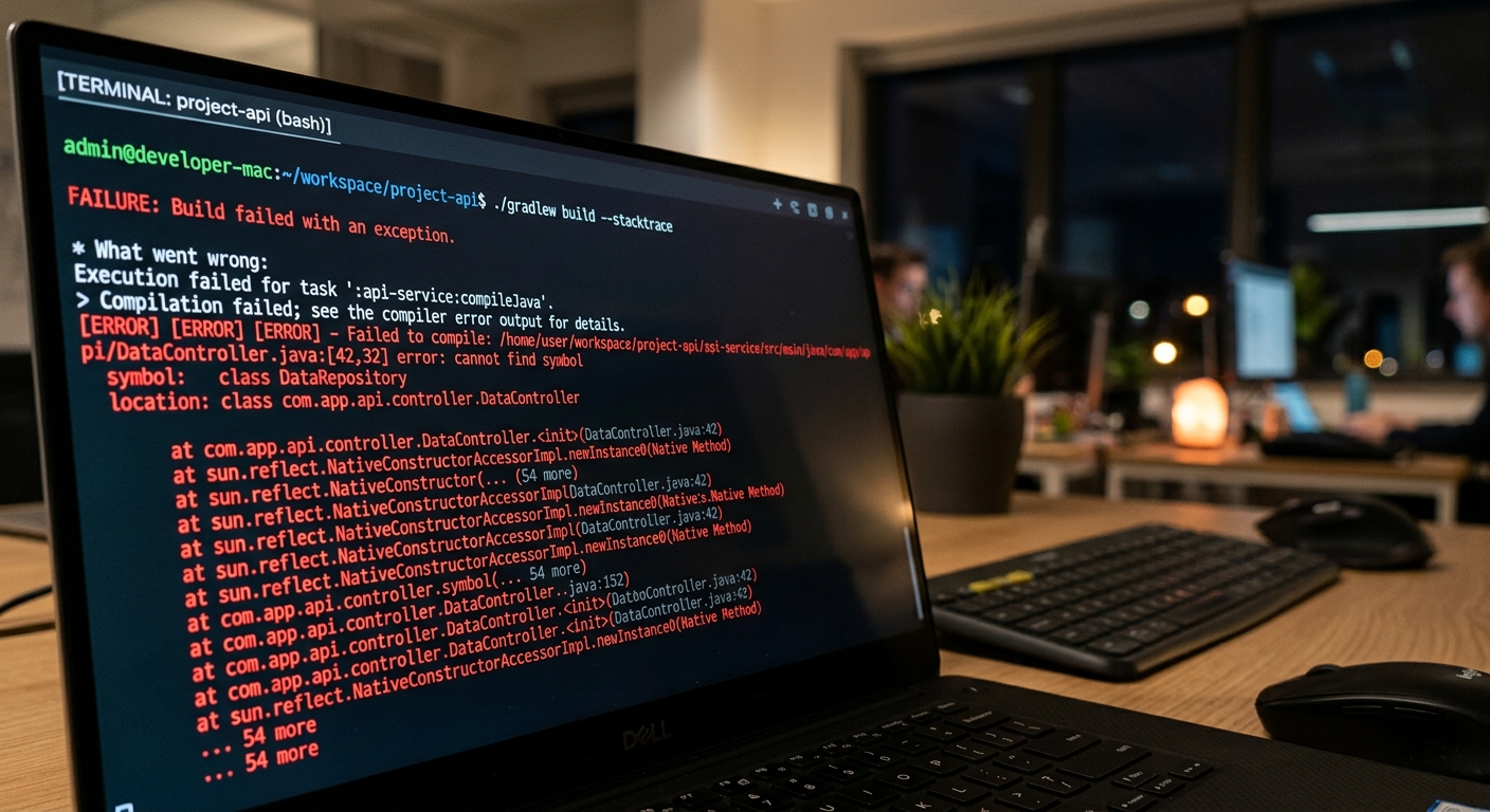 Terminal window showing a build failure with complex stack traces