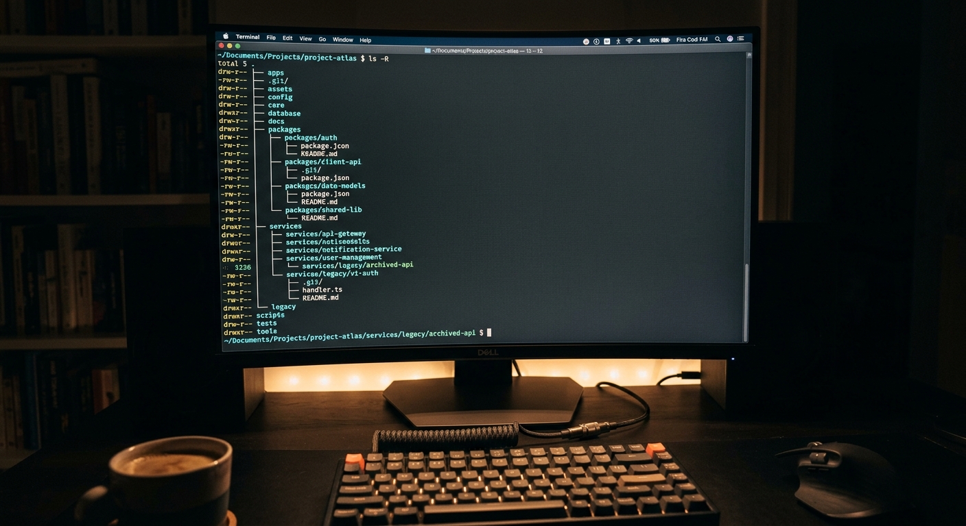 Terminal window showing large codebase structure